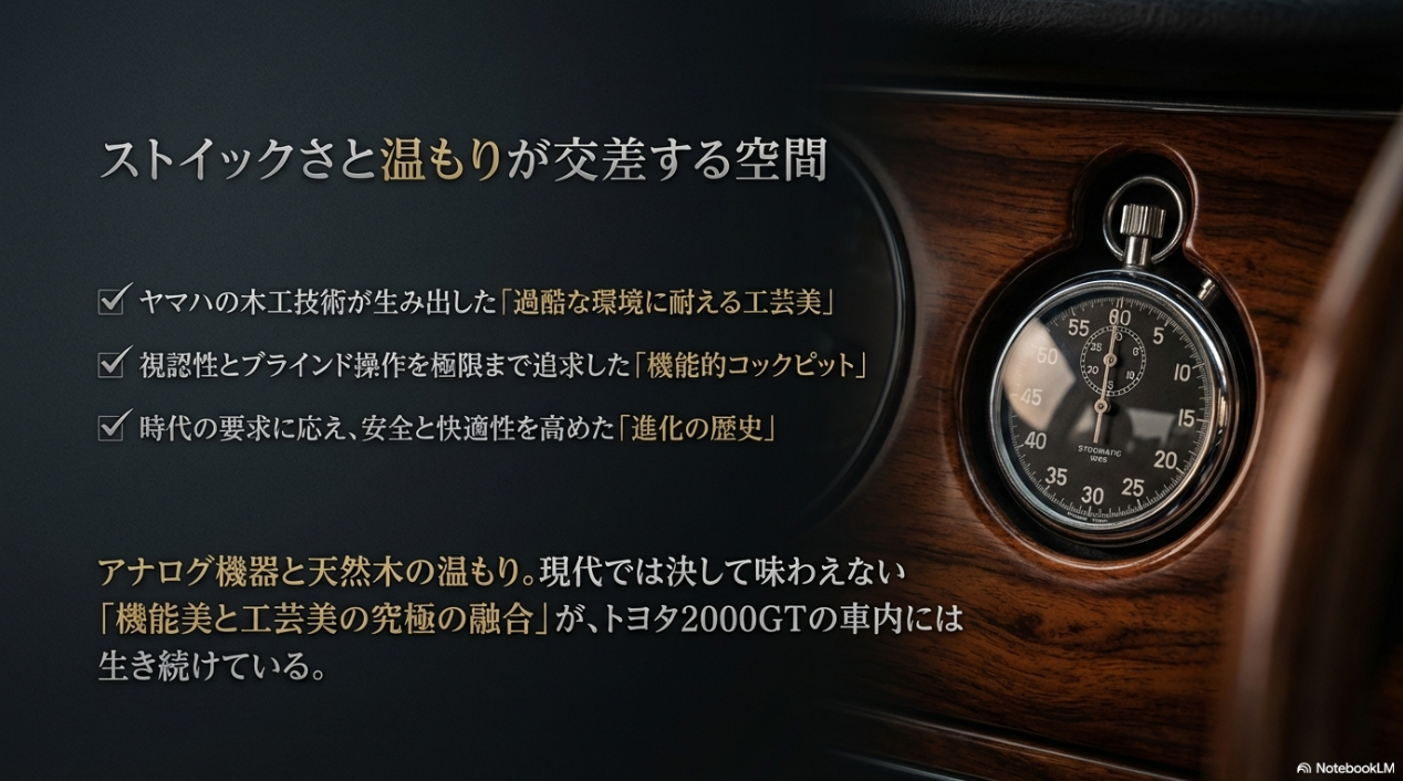 センターパネルに組み込まれたストップウォッチ機能付き時計のアップ画像と、トヨタ2000GTの機能美と工芸美の究極の融合をまとめた解説