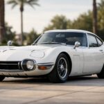 白いトヨタ2000GTが、上品な屋外空間に停車している。低いカメラ位置からのフロント3/4ビューで、長いボンネットと低い車高、なめらかなボディラインが強調されている。光沢のある白い塗装とクロームのディテールが自然光に映え、背景はやわらかくぼけている。