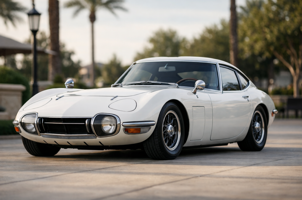 白いトヨタ2000GTが、上品な屋外空間に停車している。低いカメラ位置からのフロント3/4ビューで、長いボンネットと低い車高、なめらかなボディラインが強調されている。光沢のある白い塗装とクロームのディテールが自然光に映え、背景はやわらかくぼけている。