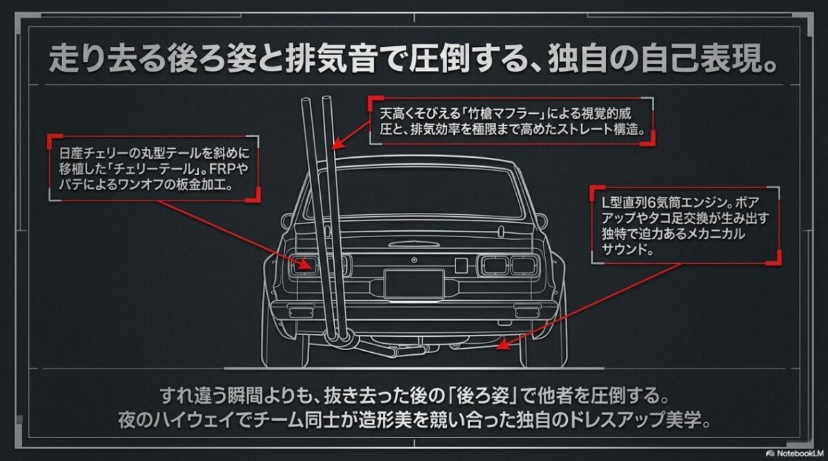 チェリーテールやワンオフ加工、竹槍マフラーによる街道レーサーの独自の後ろ姿