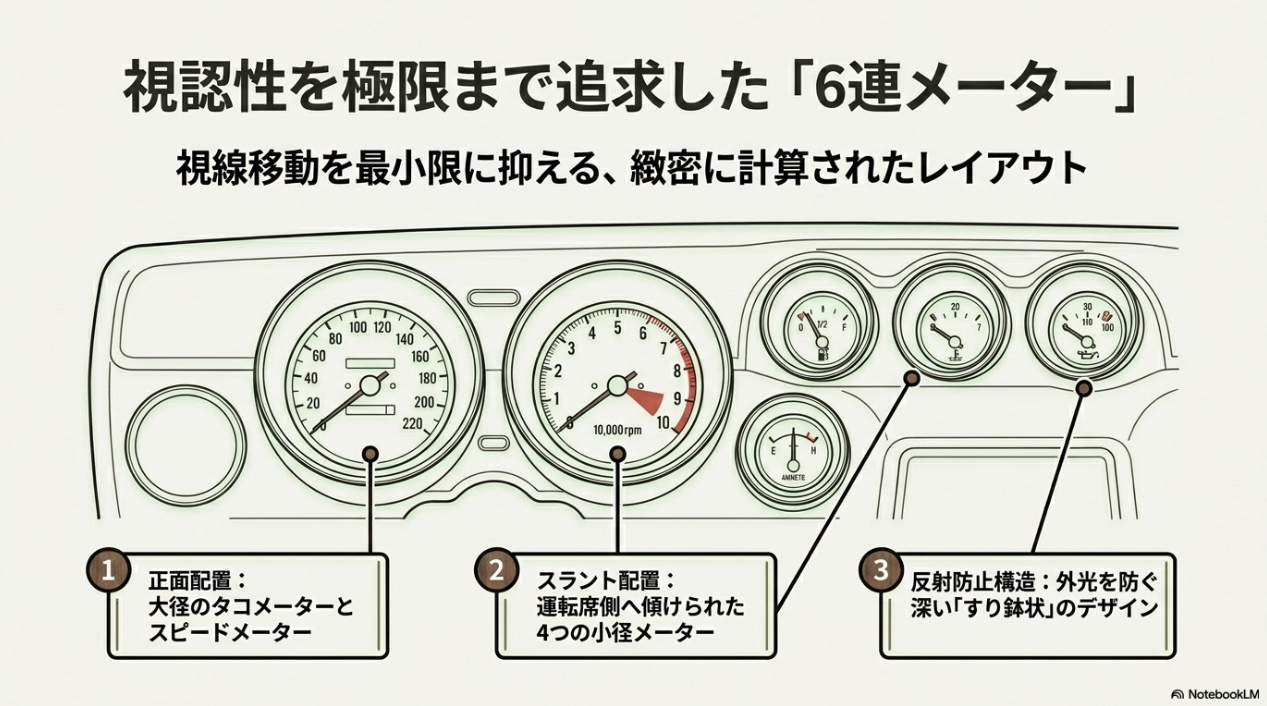 視線移動を最小限に抑える大径メーターの正面配置、スラント配置、すり鉢状のデザインを備えた6連メーター