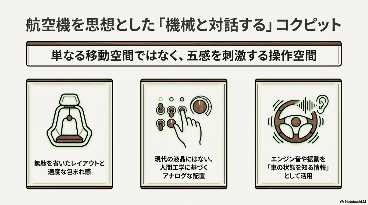 無駄を省いたレイアウト、アナログな配置、エンジン音や振動を感じるハコスカのコクピットの特徴