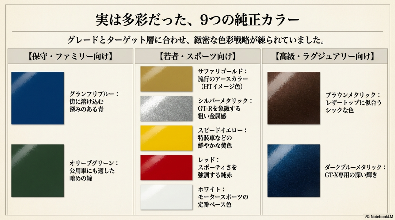 ハコスカの9つの純正カラーバリエーションとターゲット層に合わせた色彩戦略