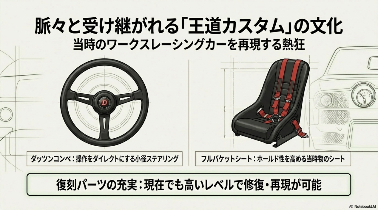 ダッツンコンペステアリングやフルバケットシートなど、当時のワークスレーシングカーを再現する王道カスタム