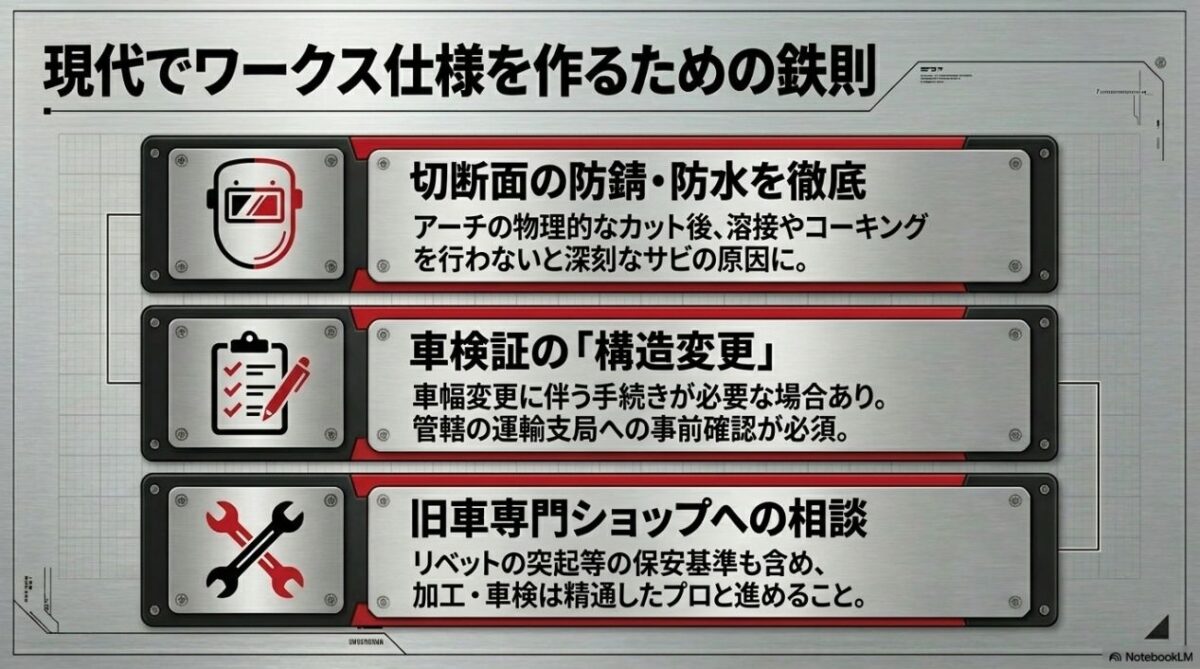 切断面の防錆・防水、車検証の構造変更、旧車専門ショップへの相談といった現代の鉄則
