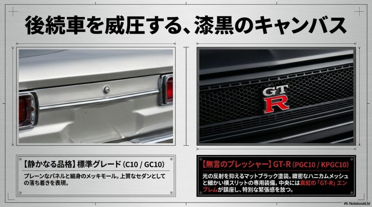 標準グレードのプレーンなガーニッシュとGT-R専用のハニカムメッシュ・マットブラックガーニッシュの比較