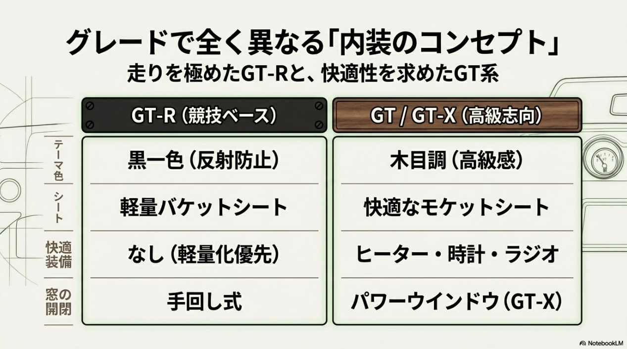 走りを極めたGT-Rと快適性を求めたGT系の内装コンセプトと装備の比較
