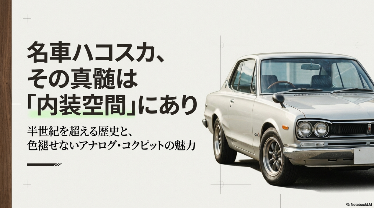 ハコスカの内装空間の魅力と半世紀を超える歴史を伝えるタイトルスライド