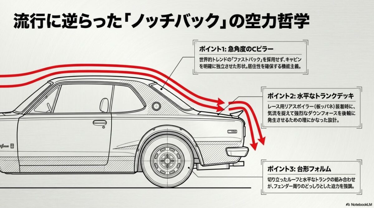 ハコスカの急角度のCピラーや水平なトランクデッキが作る台形フォルムの図解