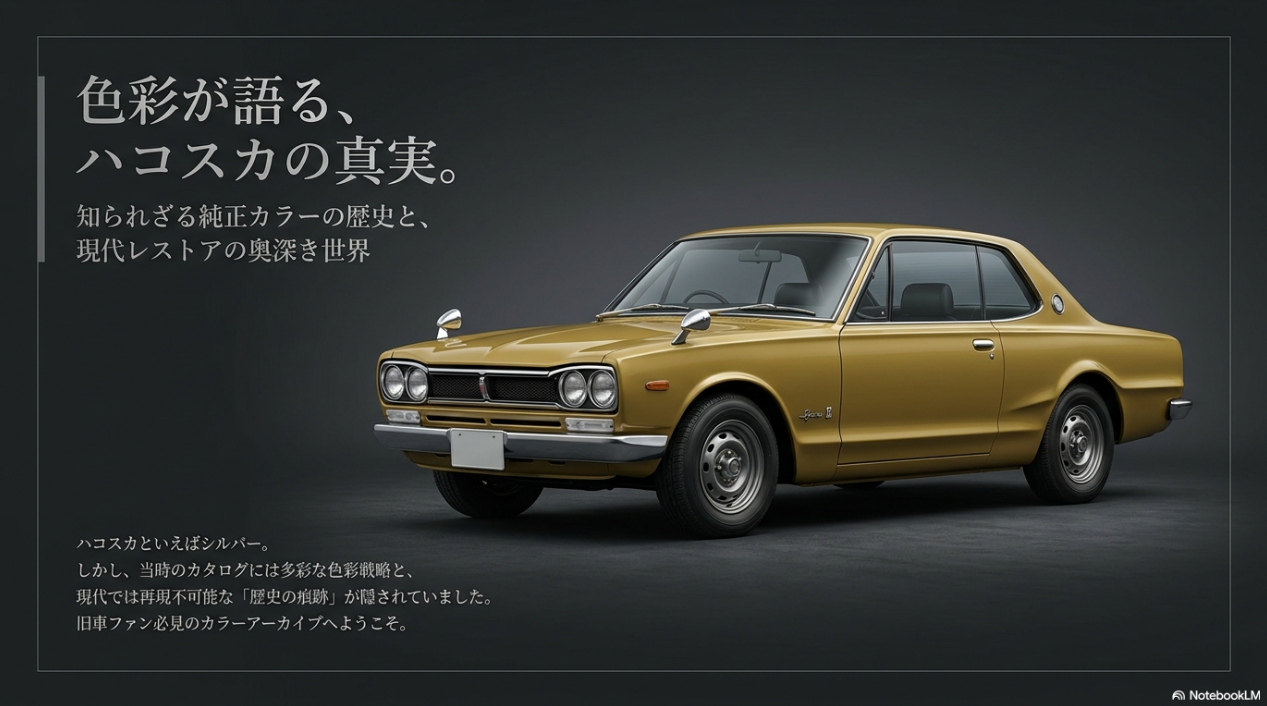 サファリゴールドのハコスカと色彩が語る真実のタイトルスライド