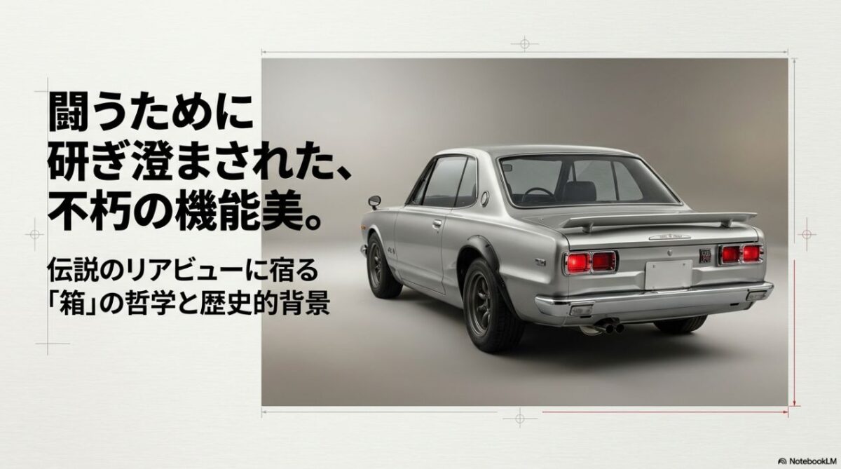 ハコスカの不朽の機能美と「箱」の哲学を示すタイトルスライド