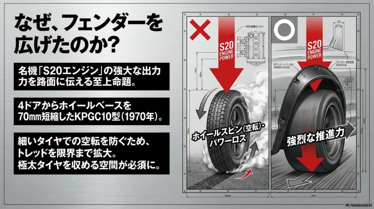 S20エンジンの強大な出力による細いタイヤでの空転を防ぐためのフェンダー拡大