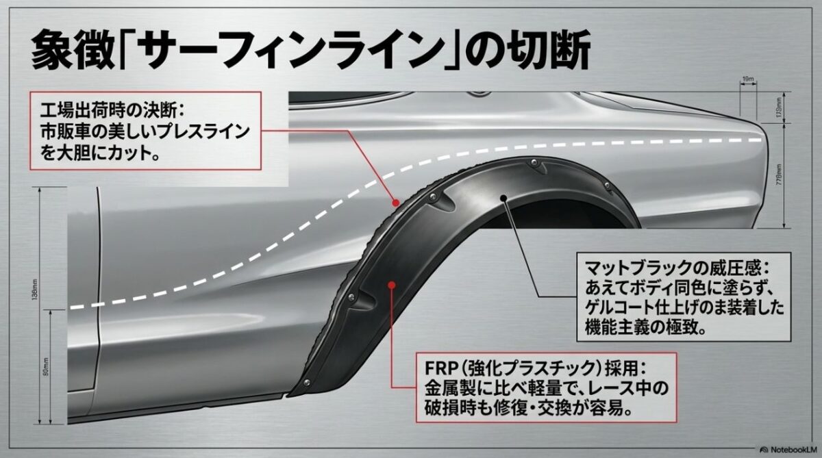 美しいプレスラインのカットとマットブラックのFRP製オーバーフェンダー採用の理由