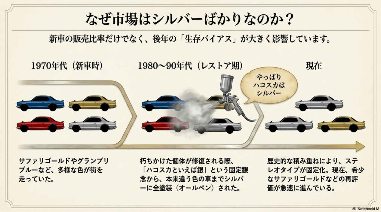 1970年代から現在に至るまでのハコスカのシルバーへの全塗装と生存バイアスの図解