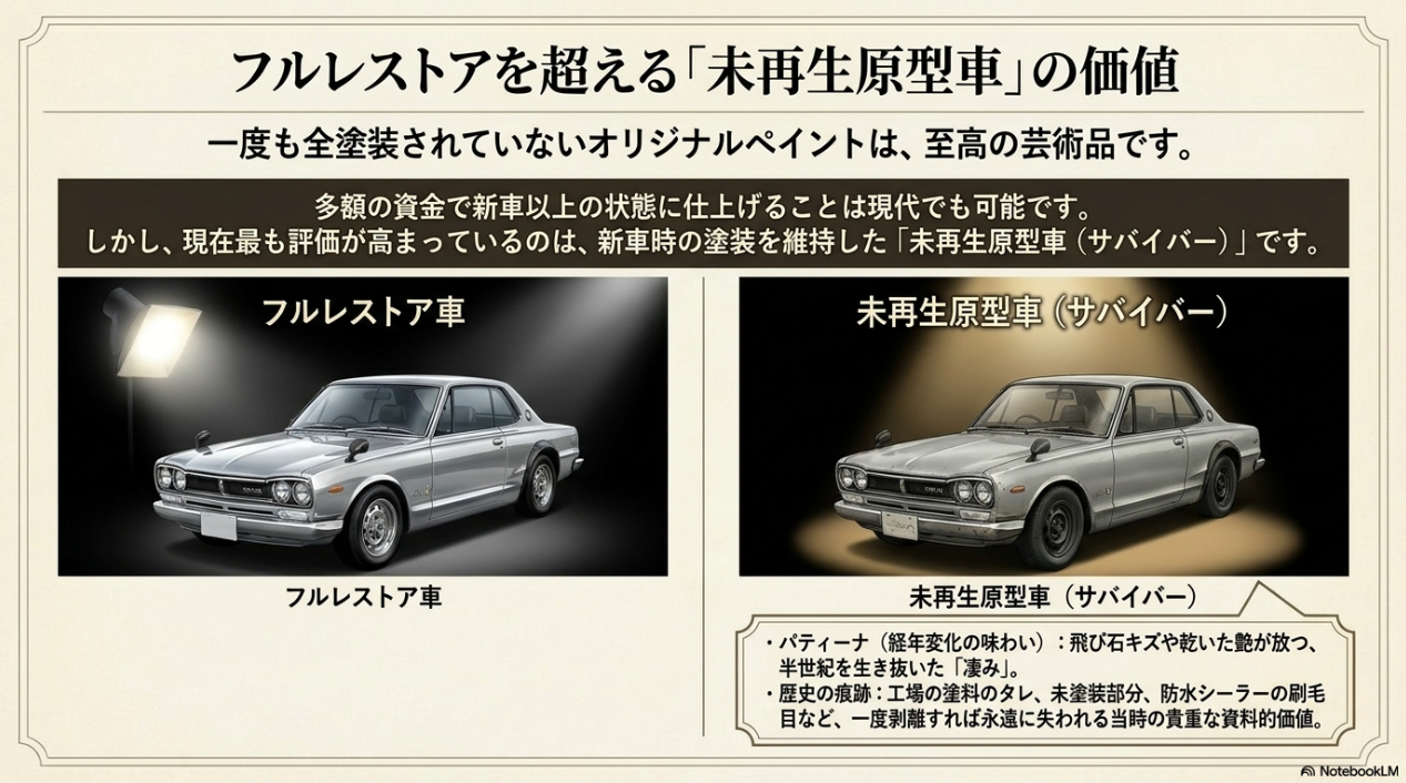 フルレストア車と新車時のオリジナルペイントを維持する未再生原型車（サバイバー）の比較
