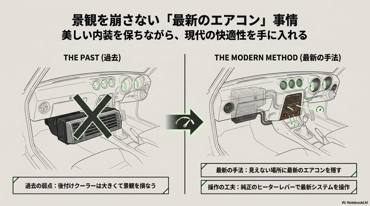 後付けクーラーの弱点を克服し、見えない場所に最新のエアコンを隠すビンテージエアー等の最新手法