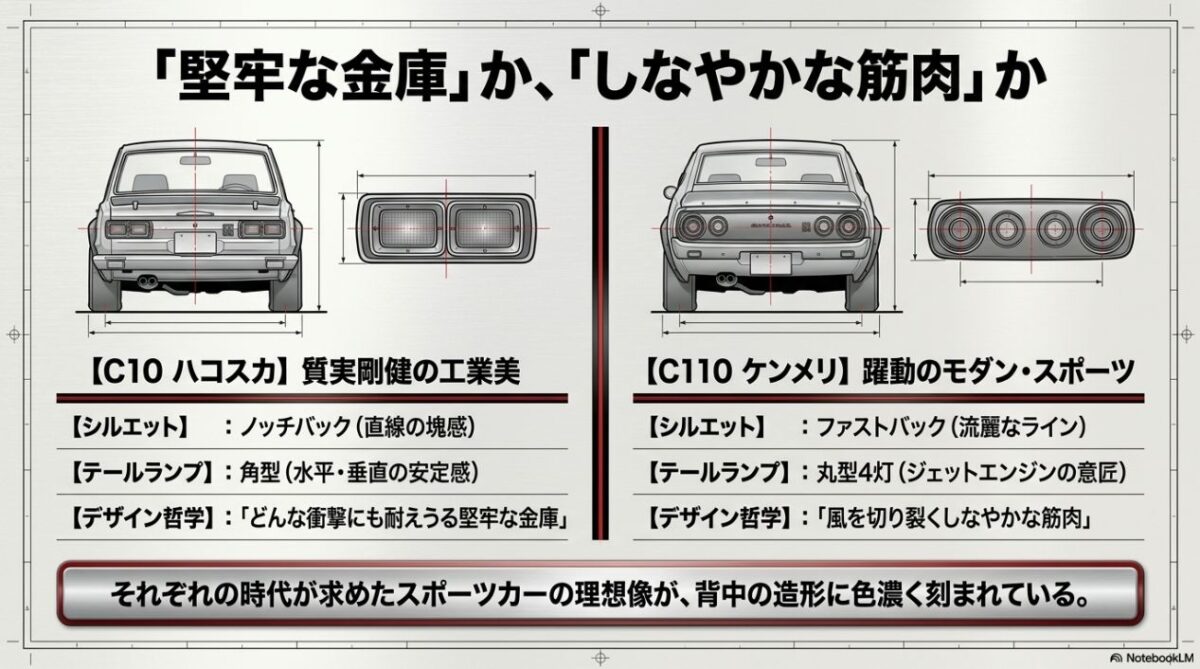 ハコスカのノッチバック・角型テールと、ケンメリのファストバック・丸型4灯テールのデザイン比較