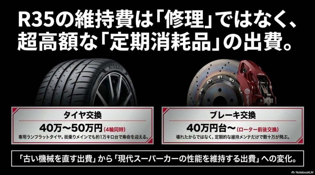 R35 GT-Rのタイヤ交換やブレーキ交換など、現代スーパーカー特有の超高額な定期消耗品代を解説したスライド