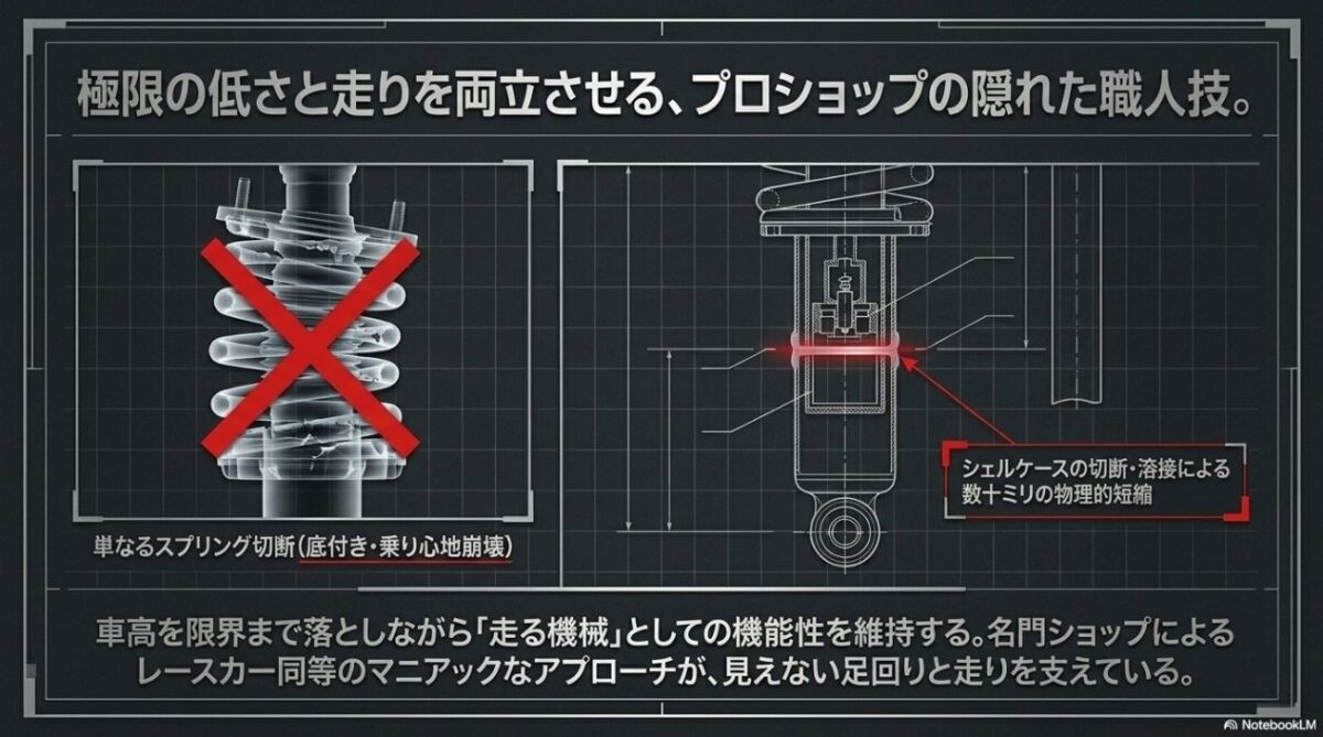 底付きを防ぐためにショックアブソーバーのシェルケースを切断・溶接して短縮する職人技の図解