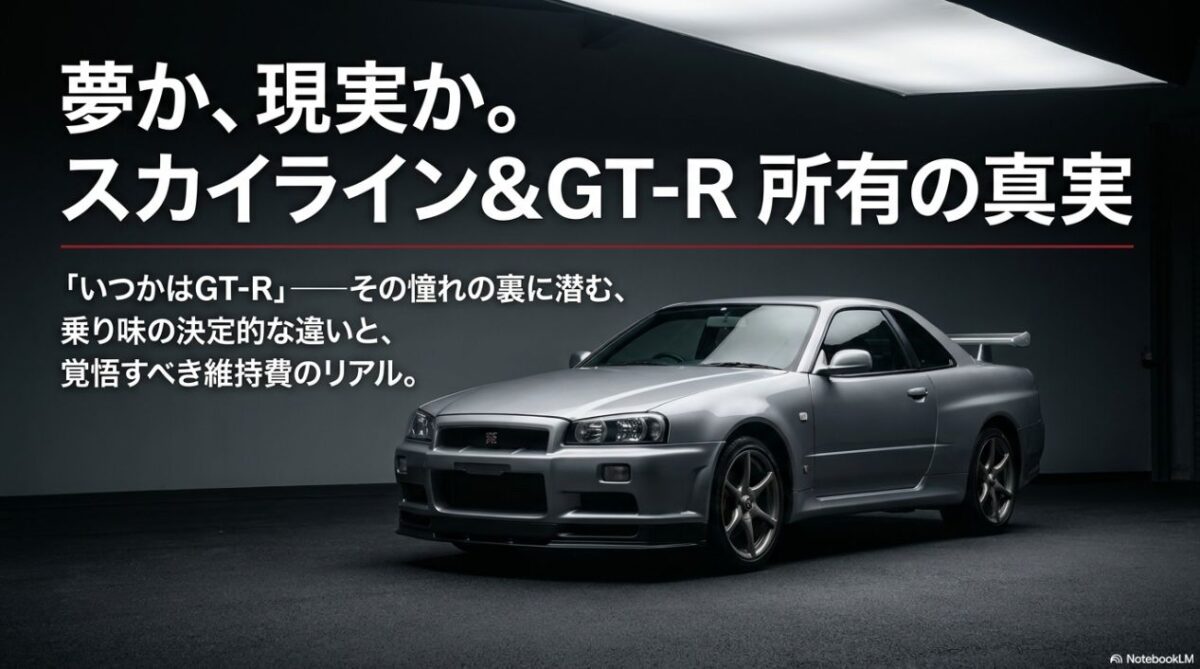 スカイラインとGT-Rの乗り味の違いと維持費のリアルを解説するスライドの表紙