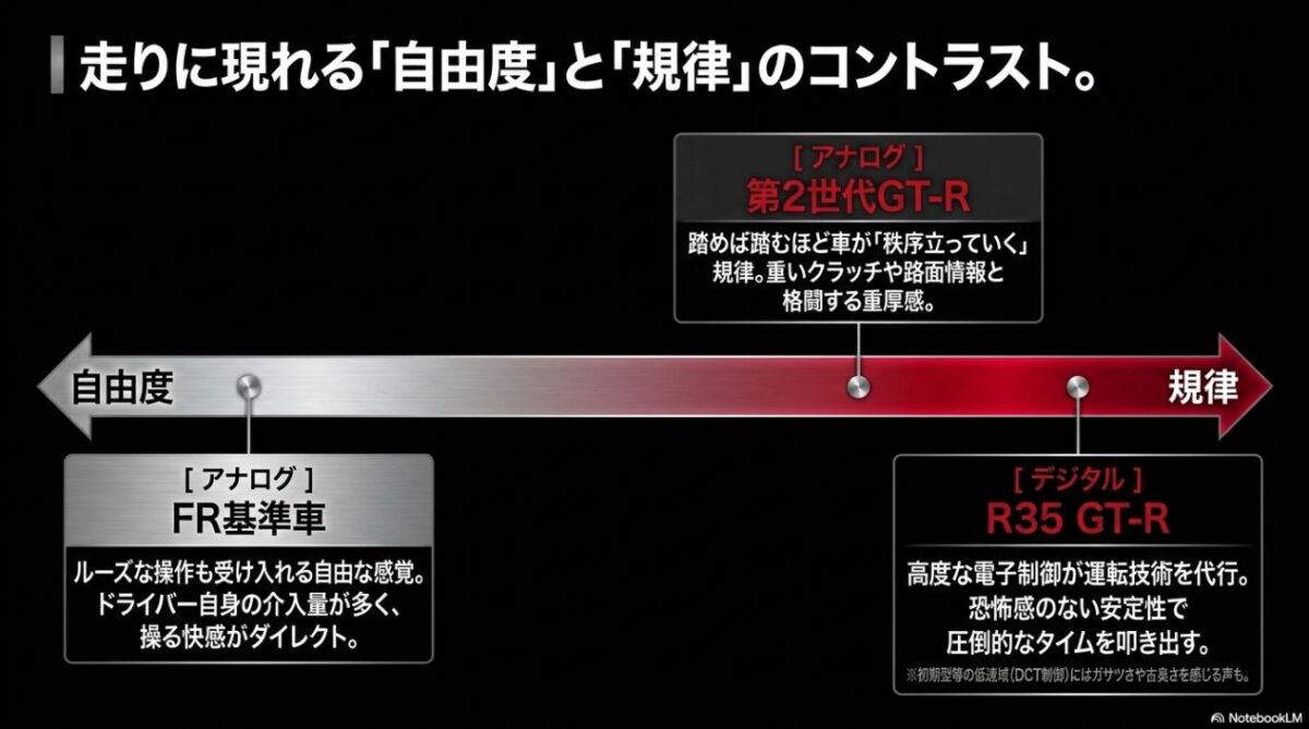 スカイライン基準車の自由度とGT-Rの規律という走りのコントラストを図解したスライド