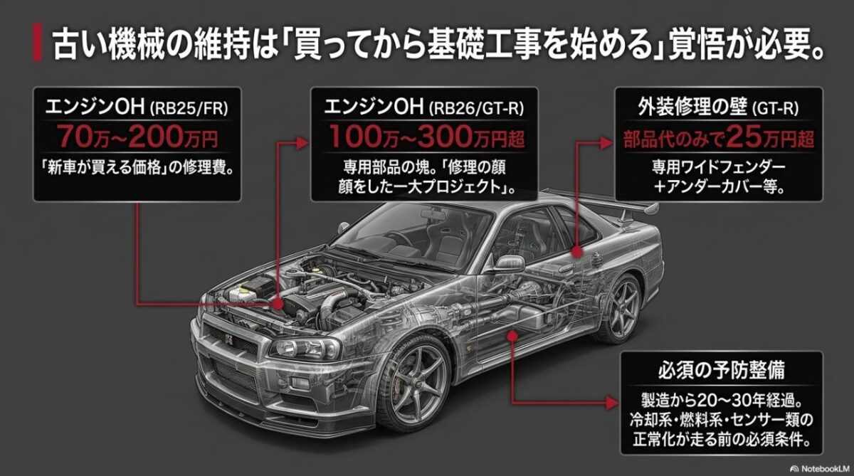 スカイライン基準車と第2世代GT-RのエンジンOH、外装修理、予防整備にかかる高額な維持費の現実