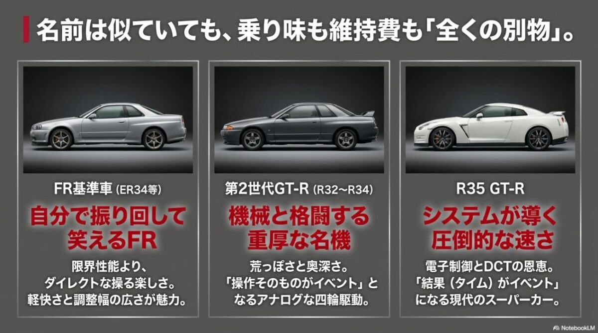 FR基準車、第2世代GT-R、R35 GT-Rの乗り味の決定的な違いを比較したスライド