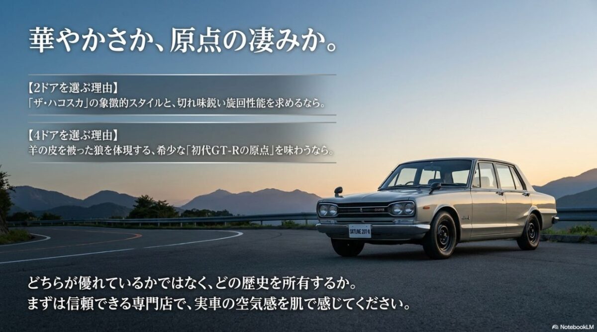ハコスカの2ドアと4ドアの魅力と結論 象徴的スタイルの2ドアと初代GT-Rの原点である4ドアのそれぞれの選ぶ理由