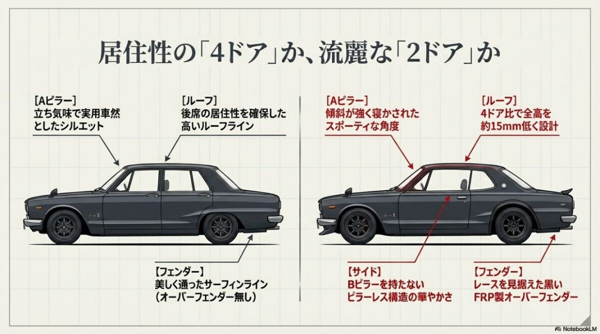ハコスカ4ドアと2ドアの見た目・デザイン比較 ハコスカ4ドアと2ドアHTのAピラー角度、ルーフの高さ、サイドのピラー有無、フェンダーの違い