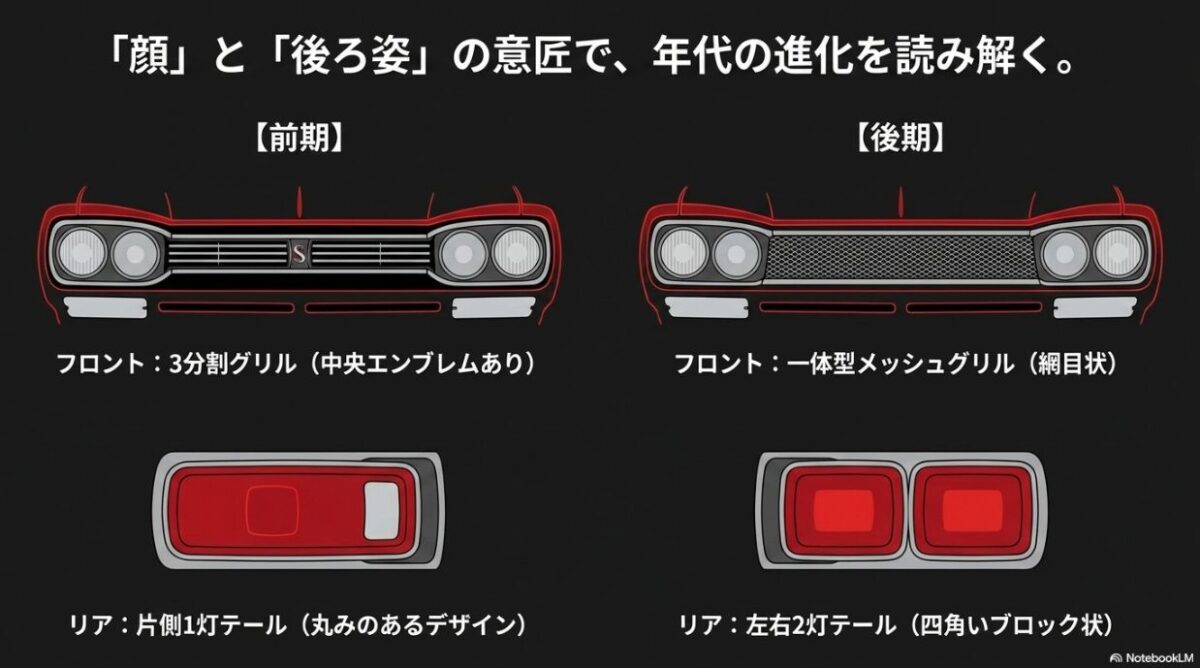 フロントグリルとテールランプの前後期比較 ハコスカ前期型の3分割グリル・片側1灯テールと、後期型の一体型メッシュグリル・左右2灯テールのデザイン比較画像