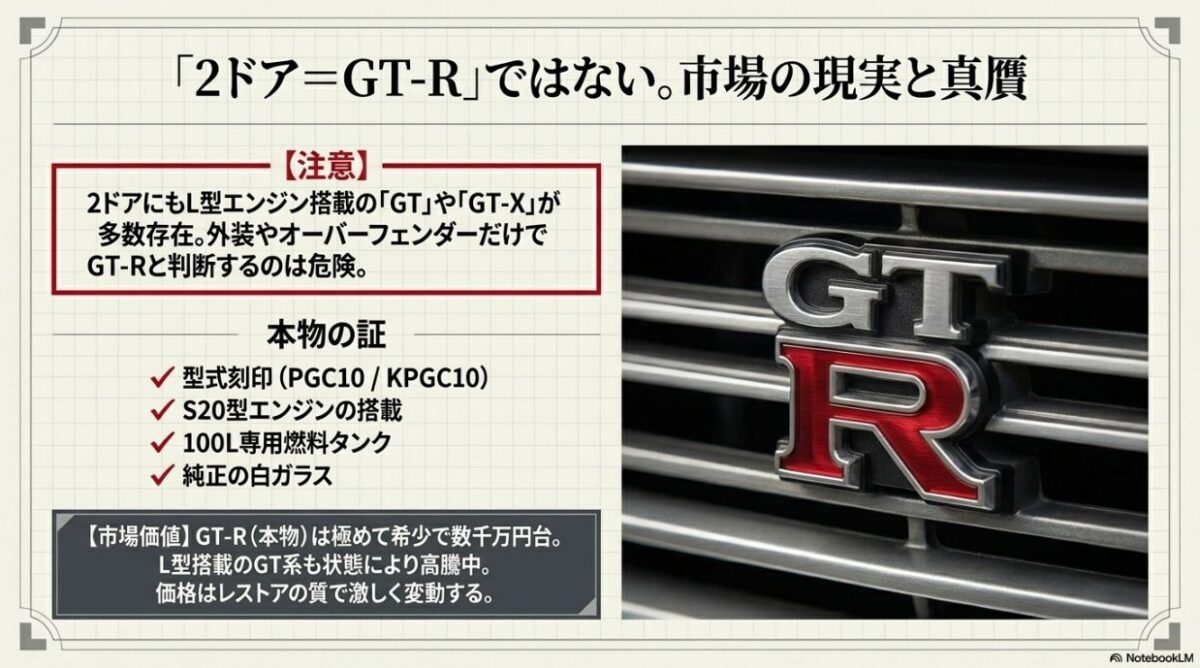 ハコスカ本物GT-Rの見極め方と市場の現実 ハコスカ本物GT-Rを見極めるための型式刻印、S20型エンジン、100L専用タンクなどの確認ポイント