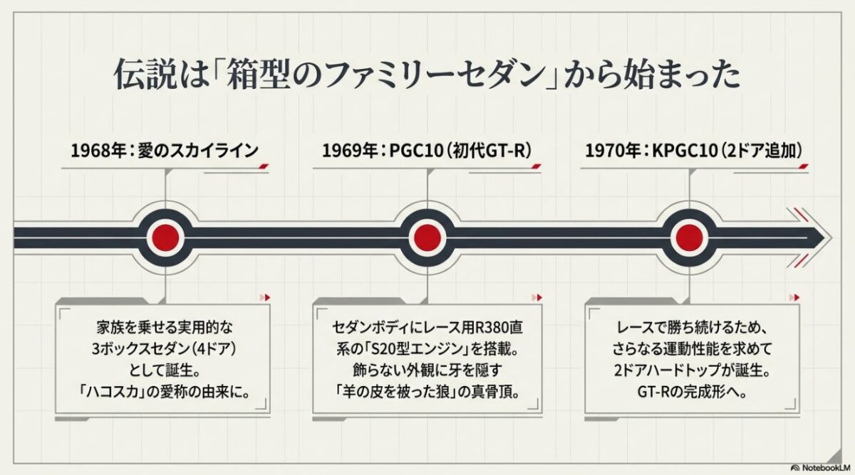 ハコスカGT-Rの歴史と進化の年表 1968年の4ドア誕生から1969年のPGC10、1970年のKPGC10追加までの歴史の流れ