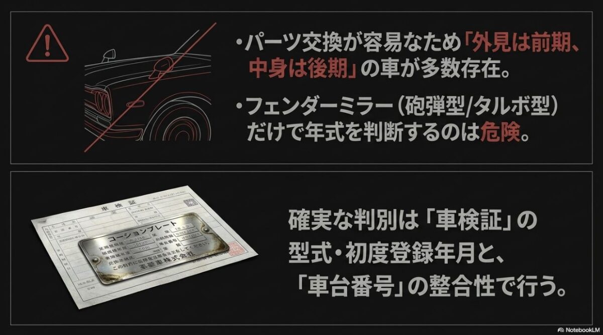 車検証とコーションプレートによる整合性確認 ハコスカの確実な年式判別やカスタム車の見極めに必要な車検証とコーションプレートのイメージ画像