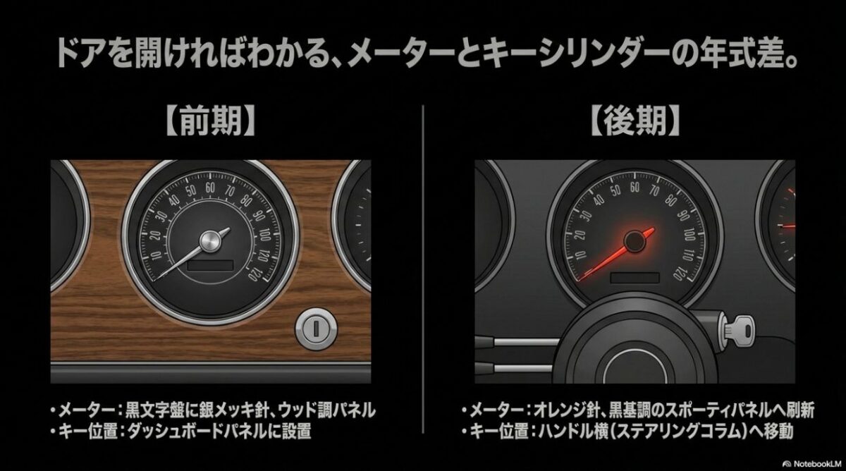 メーターとキーシリンダーの年式差 ハコスカ前期型のクラシカルなメーター・ダッシュパネルキーと、後期型のオレンジ針・コラムキーの比較画像