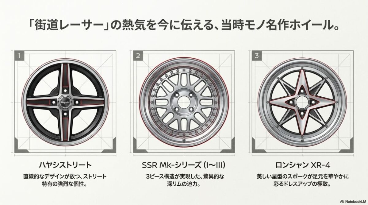街道レーサーの熱気を伝える当時モノ名作ホイール(ハヤシストリート、SSR Mk-シリーズ、ロンシャン XR-4)の比較画像