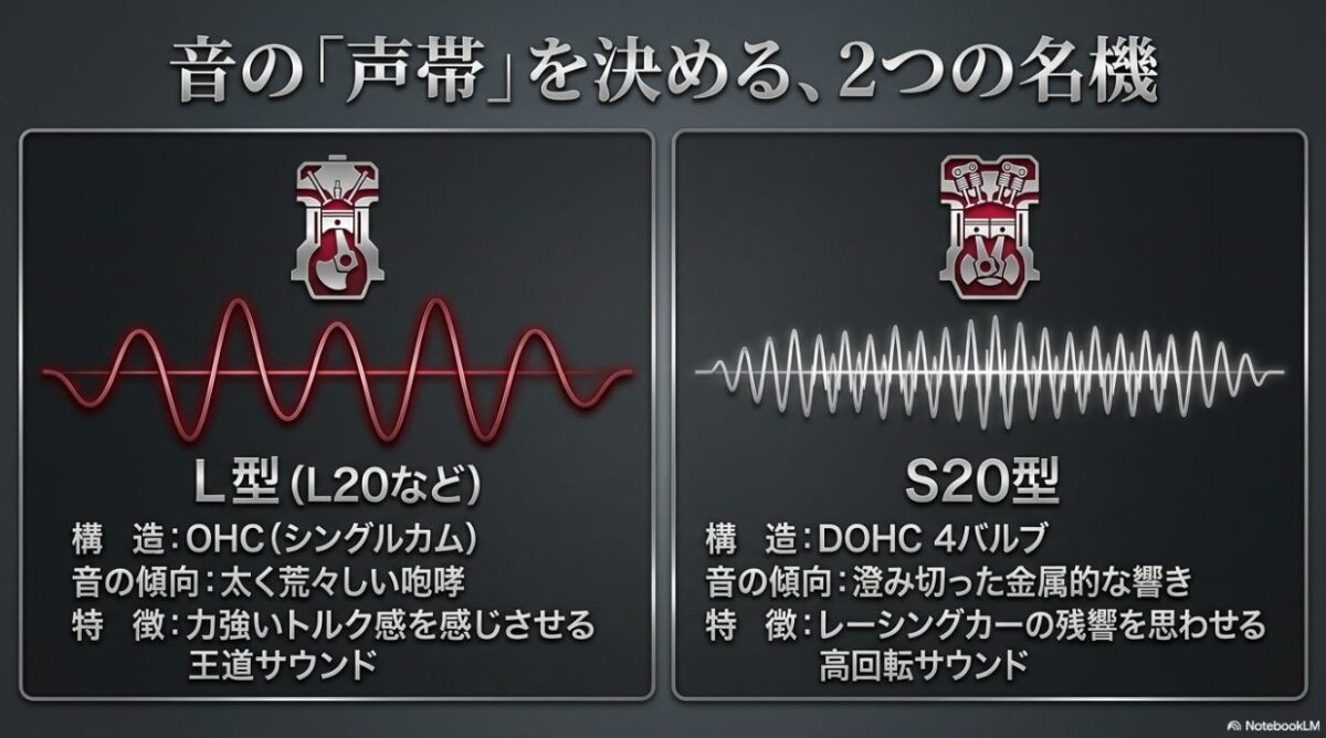 OHC構造のL型エンジンとDOHC4バルブ構造のS20型エンジンが持つ排気音の傾向と特徴の比較