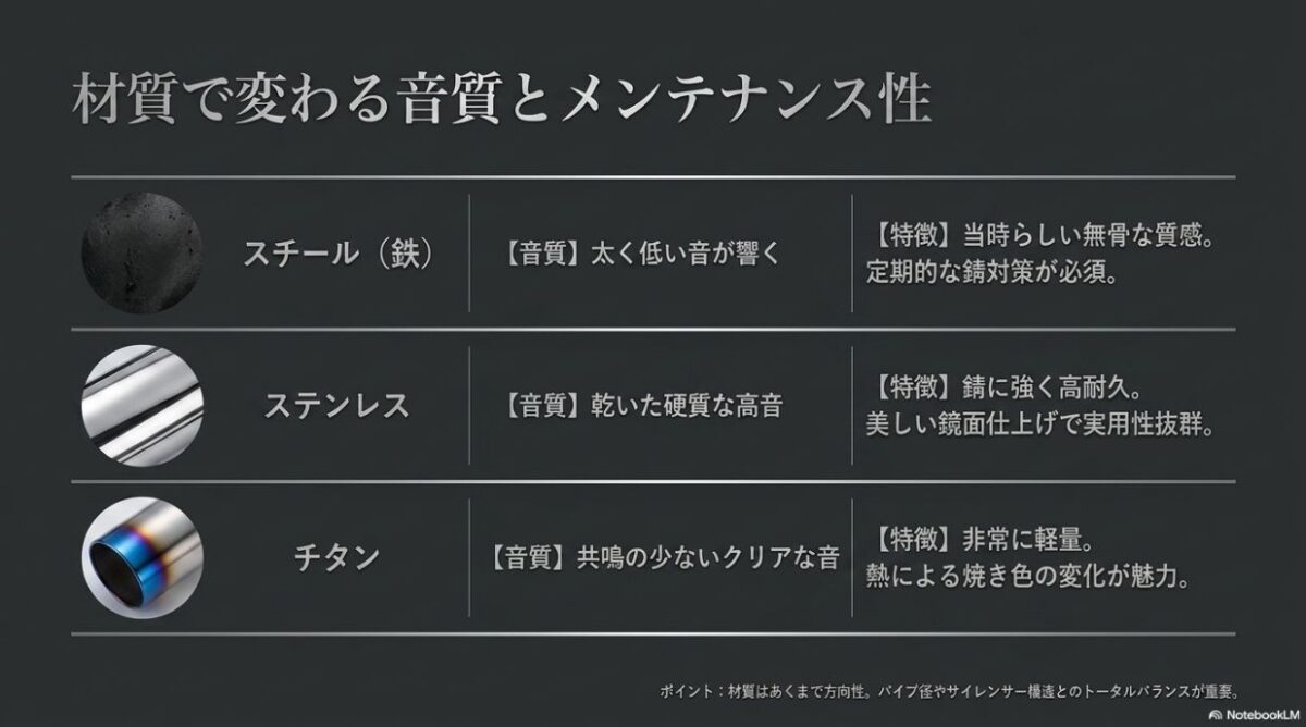 スチール、ステンレス、チタンのマフラー素材ごとに異なる音質の傾向とメンテナンス上の特徴