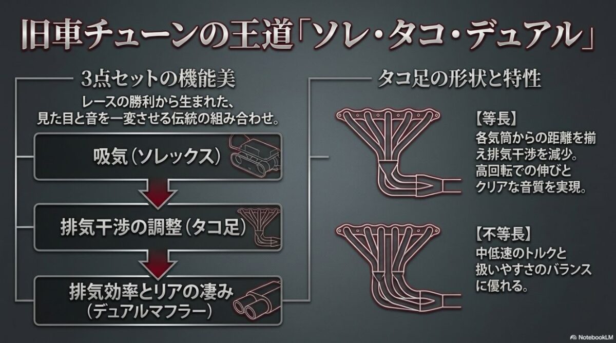 ソレックス、タコ足、デュアルマフラーの3点セットの機能美と、等長・不等長エキマニの形状がもたらす特性の違い