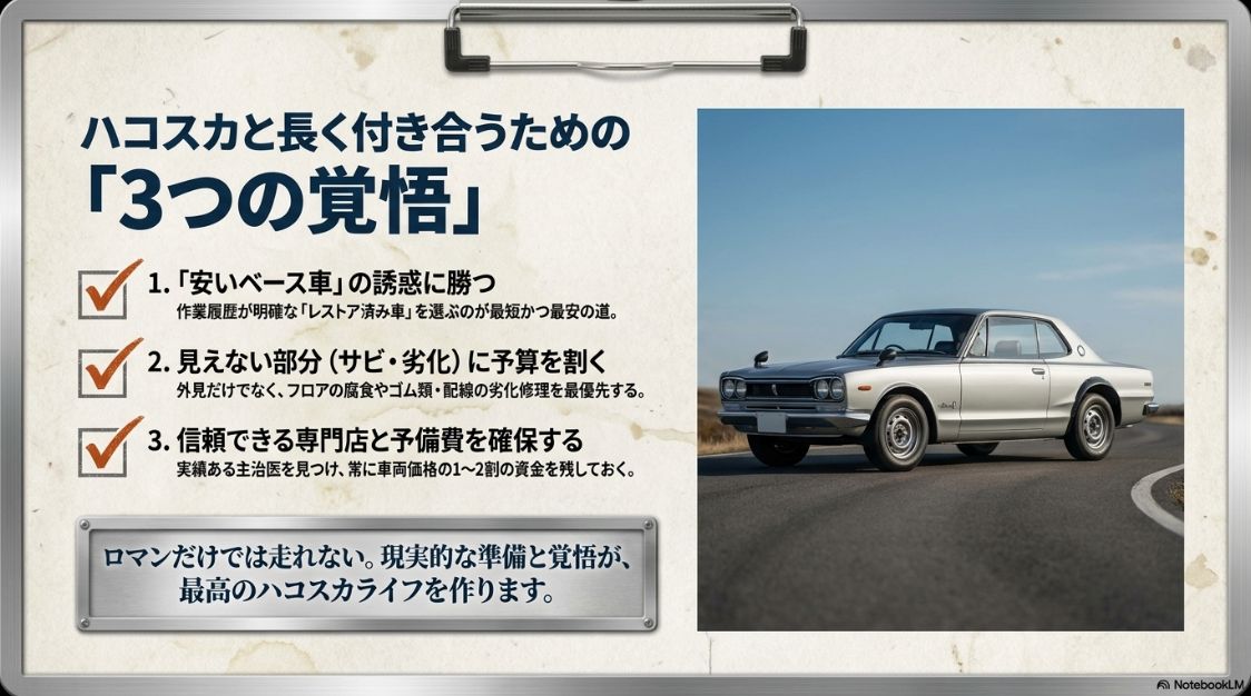 安いベース車の誘惑に勝つ、見えない部分のサビや劣化に予算を割く、信頼できる専門店と予備費を確保するという、ハコスカと長く付き合うための3つの覚悟