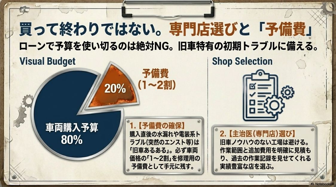 車両購入予算とは別に車両価格の1から2割を予備費として確保する重要性と、作業範囲や追加費用を明確に見積もる実績豊富な専門ショップを選ぶポイント
