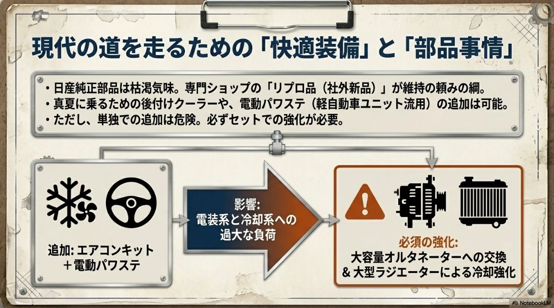 後付けクーラーや電動パワステを追加する際、電装系と冷却系への過大な負荷を防ぐために大容量オルタネーターや大型ラジエーターの強化が必須であることの解説