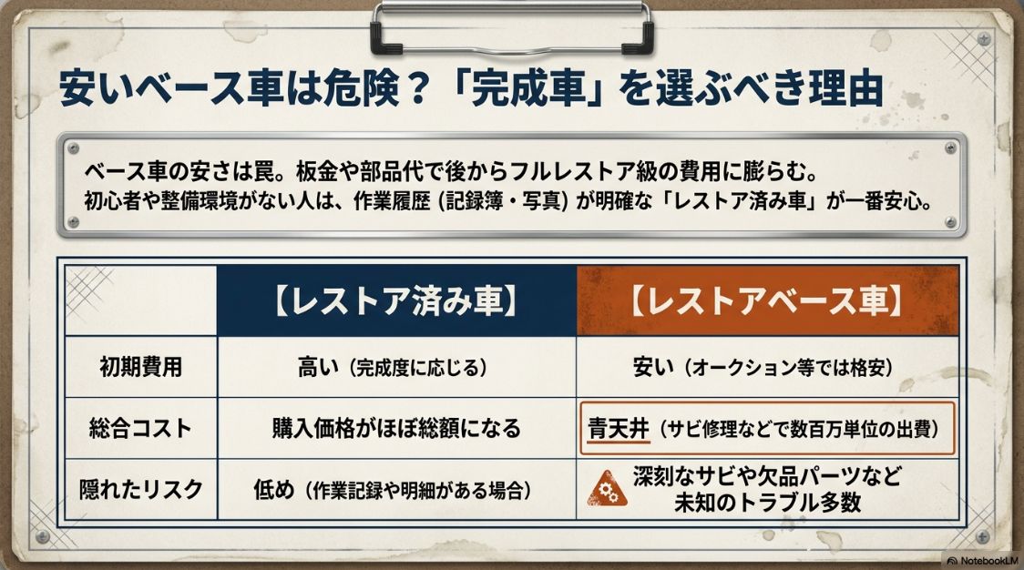 レストア済み車とレストアベース車の初期費用、総合コスト、隠れたリスクを比較し、作業履歴が明確な完成車を選ぶべき理由を解説した表