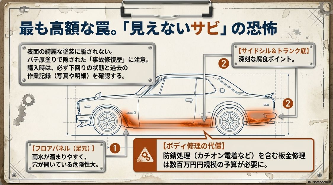 フロアパネルやサイドシルなどに見られる深刻な腐食やパテ厚塗りによる見えないサビの恐怖と、防錆処理にかかる高額なボディ修理代の解説