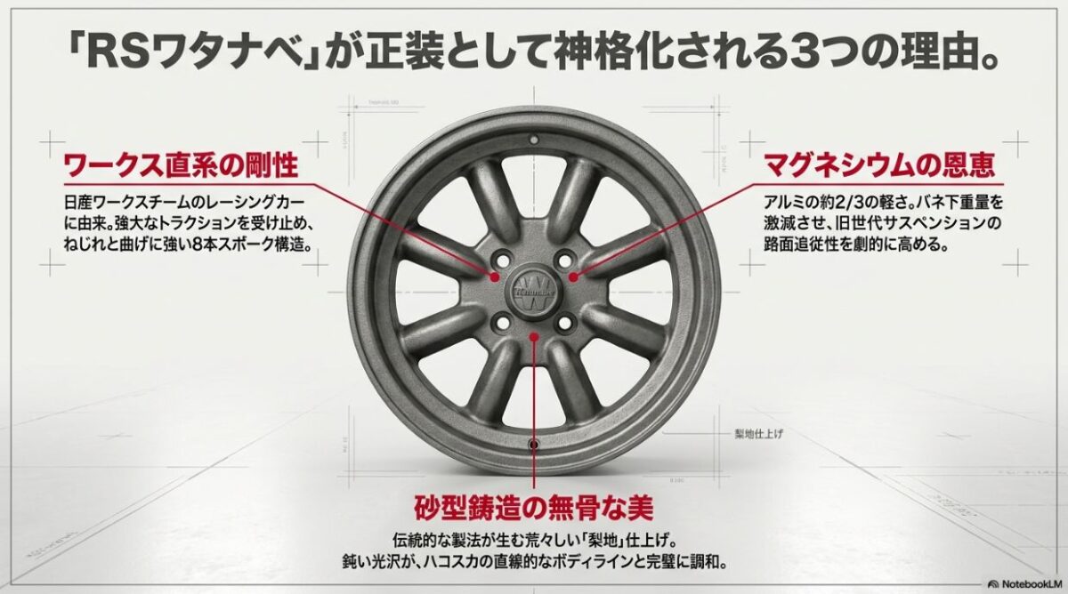 RSワタナベのエイトスポークホイール画像と、神格化される3つの理由(ワークス直系の剛性、マグネシウムの恩恵、砂型鋳造の無骨な美)