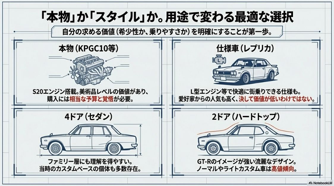 ハコスカのGT-R本物と仕様車、4ドアと2ドアのそれぞれの特徴と選び方
