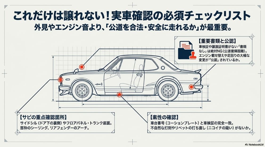 ハコスカ実車確認時の重要書類・サビの重点箇所・車台番号のチェックリスト