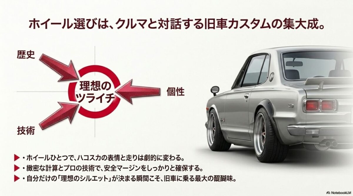 ホイール選びは旧車カスタムの集大成。歴史、個性、理想のツライチ、技術の4要素から成るまとめスライド