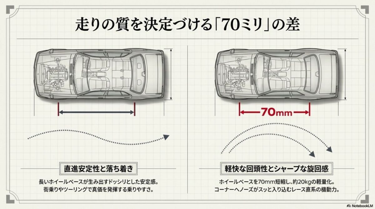 走りの質を変えるホイールベースの差 4ドアの直進安定性と2ドアの軽快な回頭性を分ける70mmのホイールベースの違い