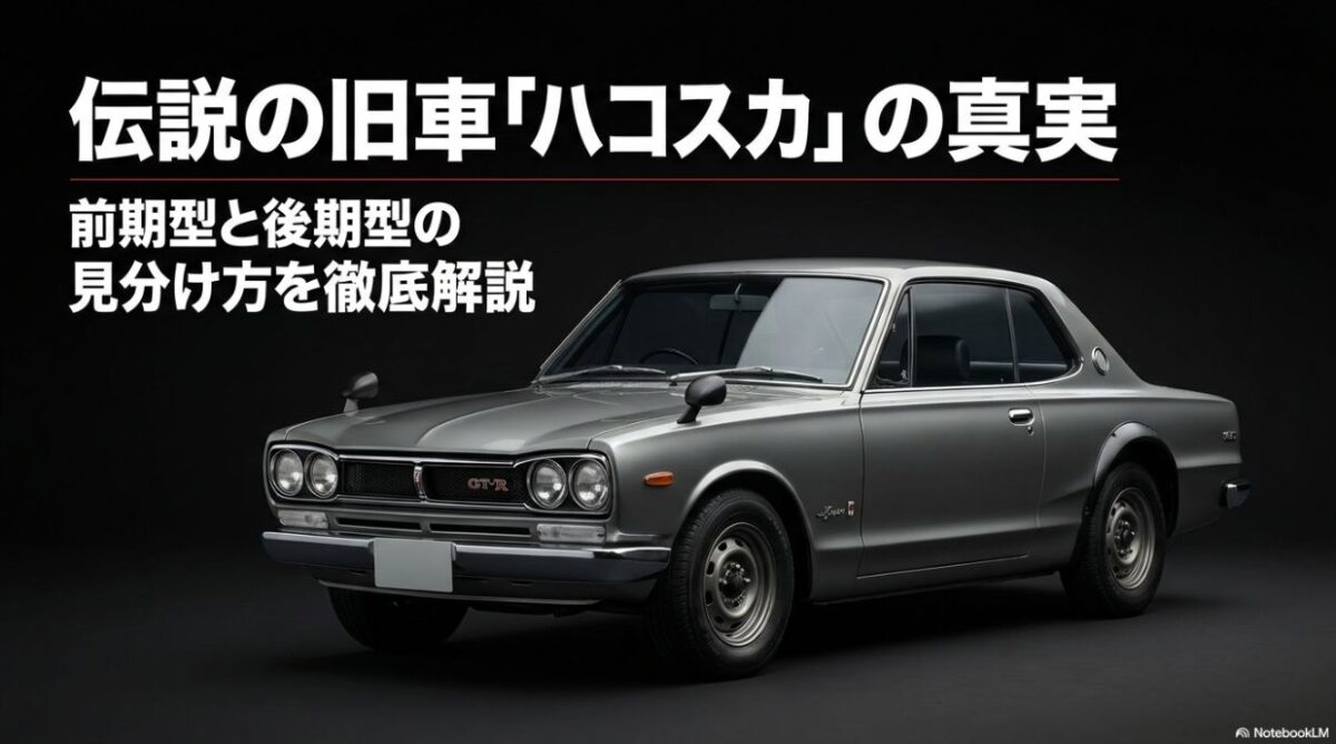 ハコスカGT-R（前期・後期）の見分け方を徹底解説するタイトルスライド画像