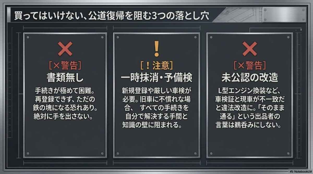 買ってはいけない、公道復帰を阻む3つの落とし穴。書類無し、一時抹消・予備検、未公認の改造への警告